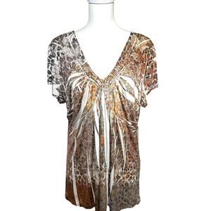 Y2K Unity Animal Print Empire Waist Babydoll Top Flutter Sleeve Size 2X